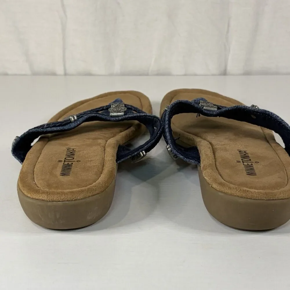 Minnetonka Silverthorne 360 Womens Blue Denim Flip-Flops Sandals Beads Shoes 9